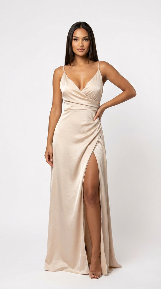 Vestido Satinado con Abertura Lateral