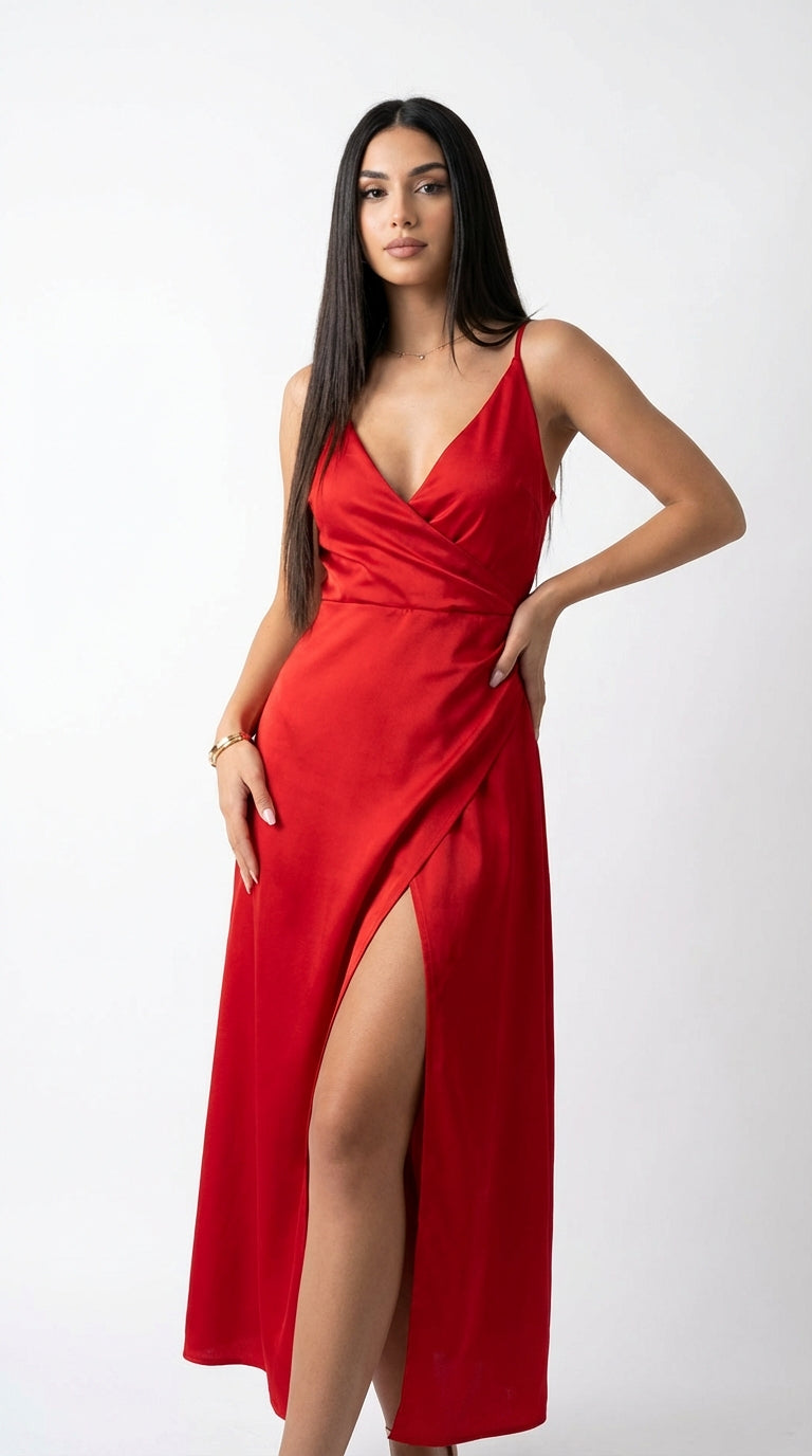 Vestido Satinado con Abertura Lateral