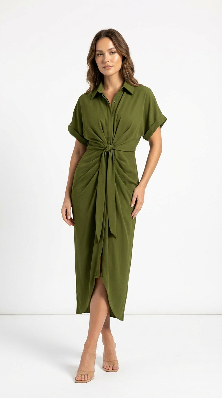 Vestido Midi Camisero con Nudo Frontal