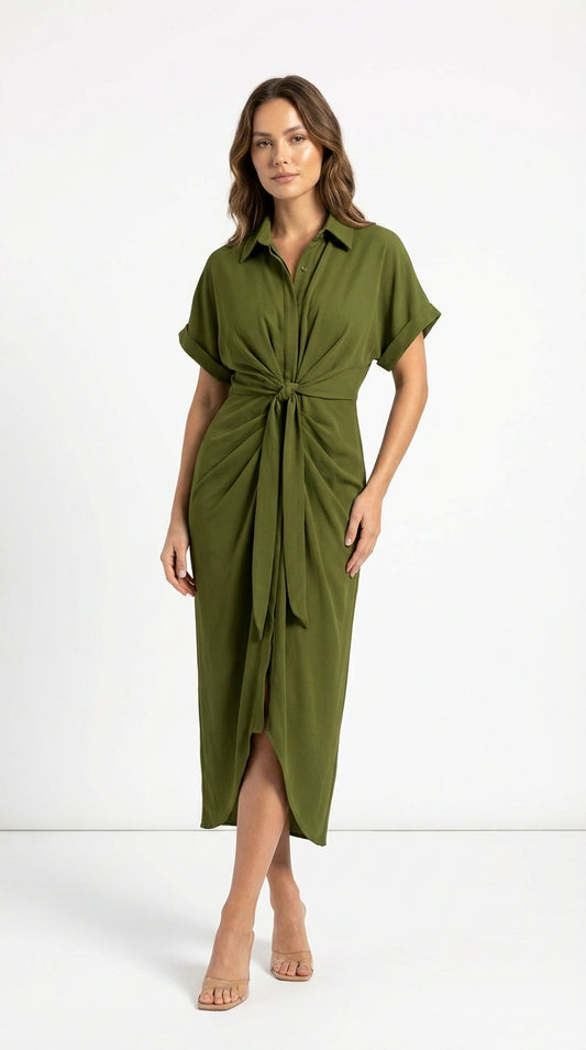 Vestido Midi Camisero con Nudo Frontal