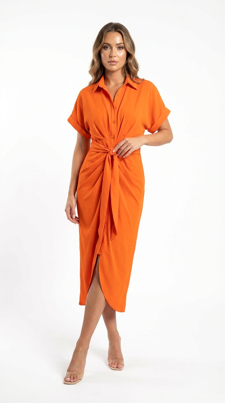 Vestido Midi Camisero con Nudo Frontal