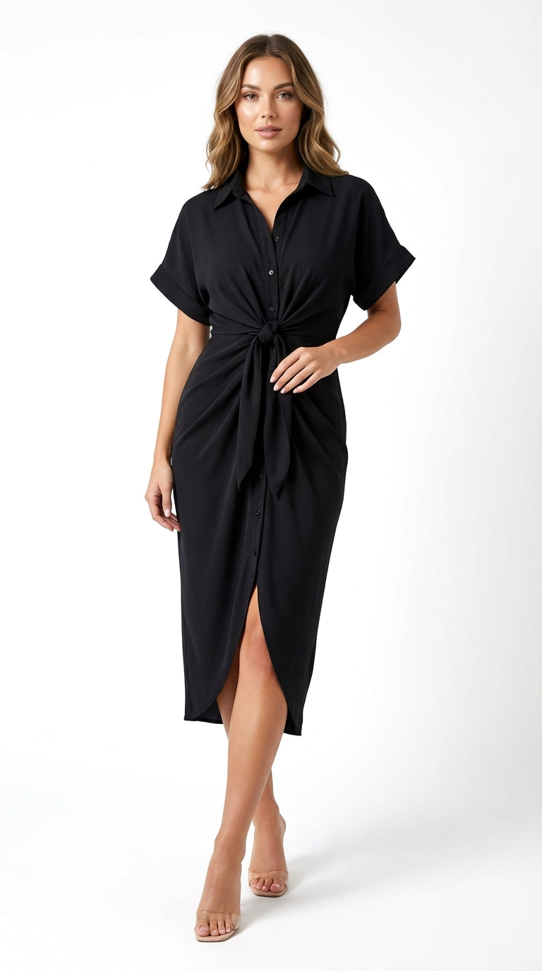 Vestido Midi Camisero con Nudo Frontal