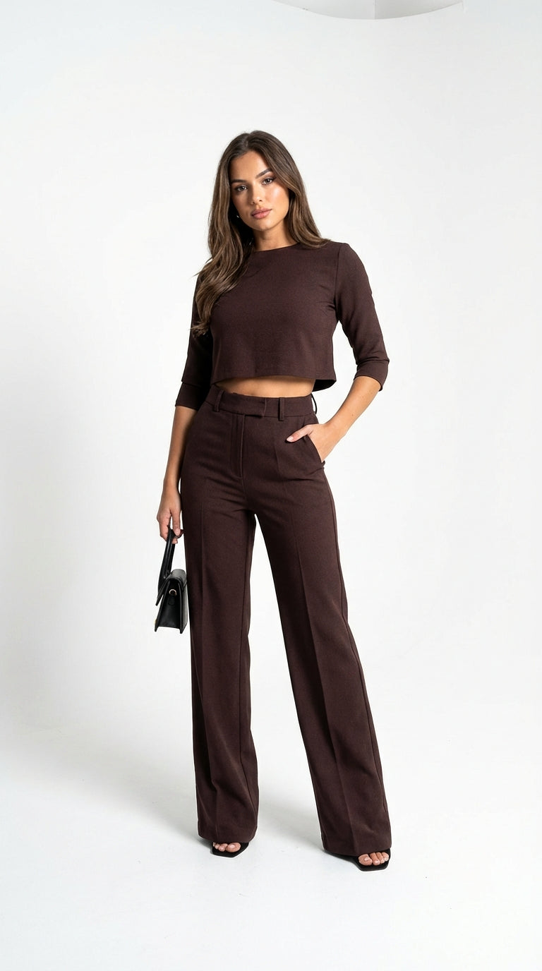Conjunto Top y Pantalones Marrón Tiro Alto