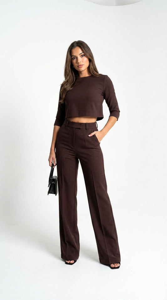 Conjunto Top y Pantalones Marrón Tiro Alto