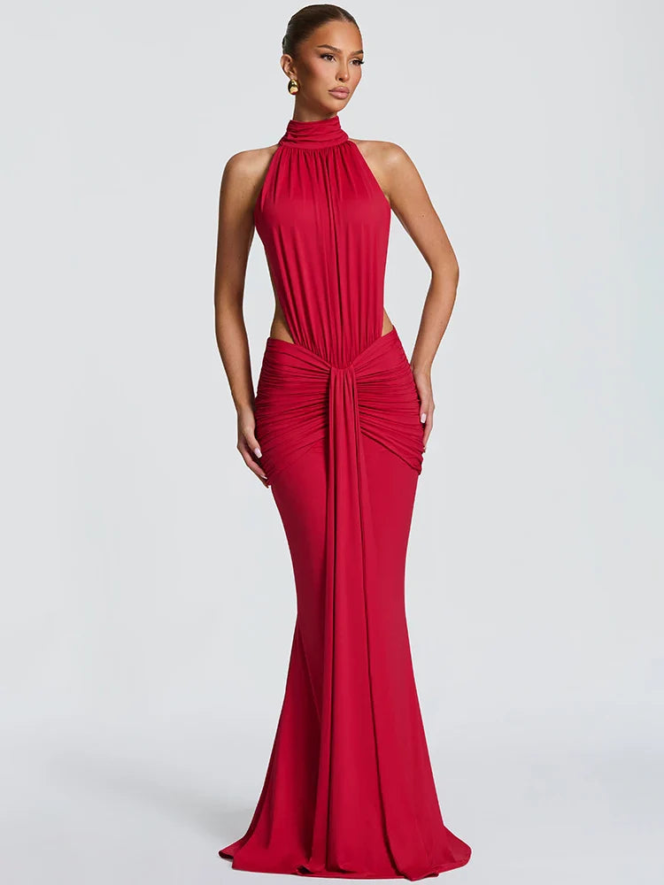 Vestido Sandra™ | Vestido Largo Halter Drapeado Rojo Escultural