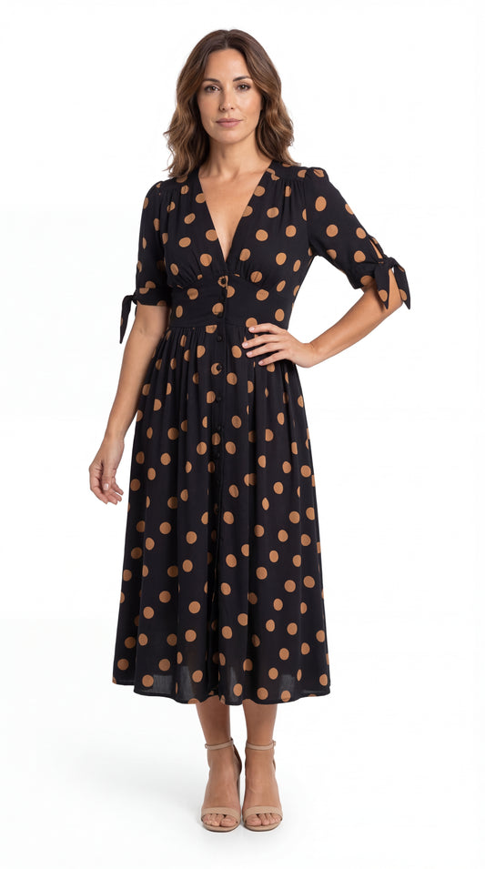 Vestido Midi de Lunares con Escote en V