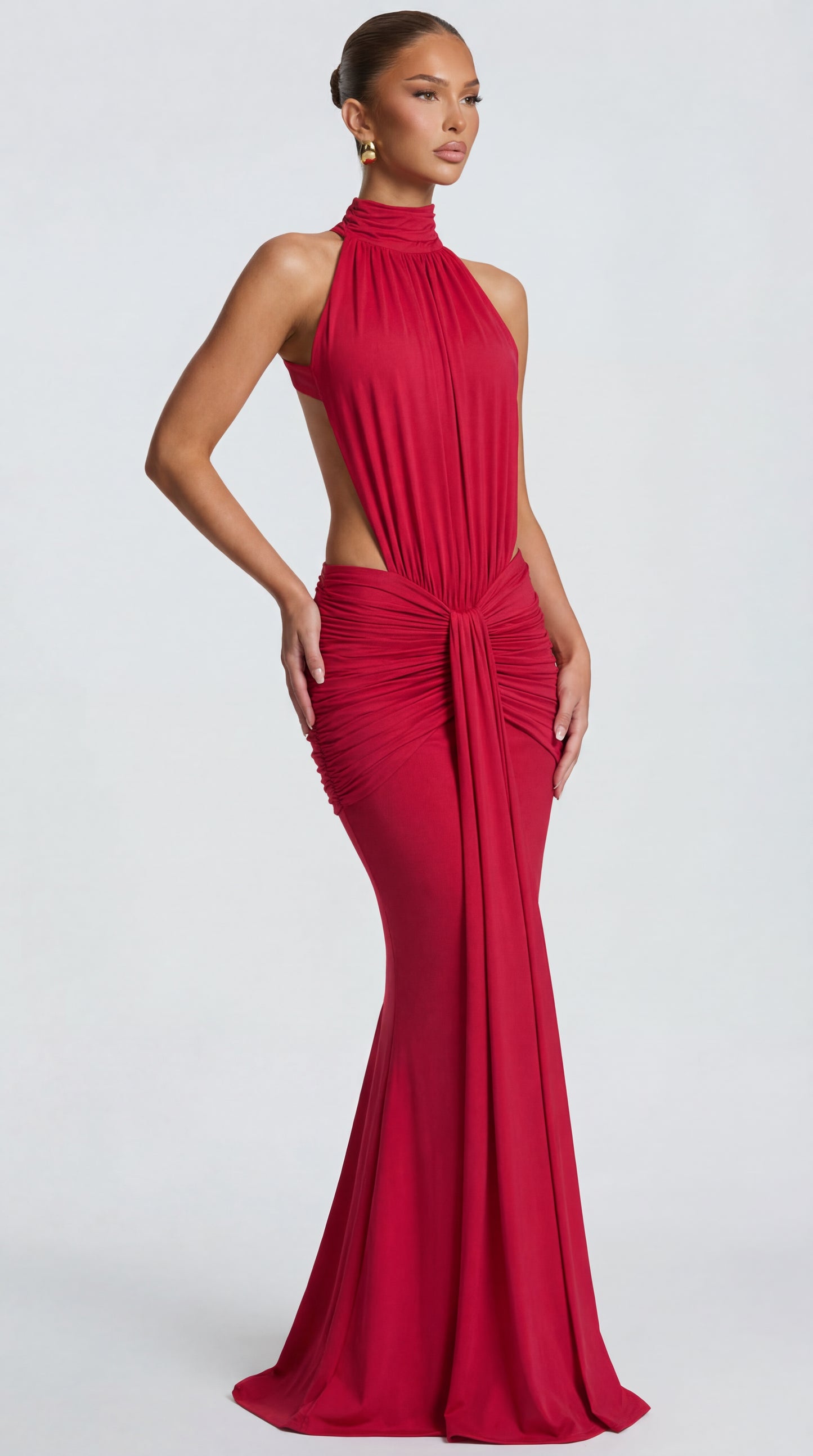 Vestido Sandra™ | Vestido Largo Halter Drapeado Rojo Escultural