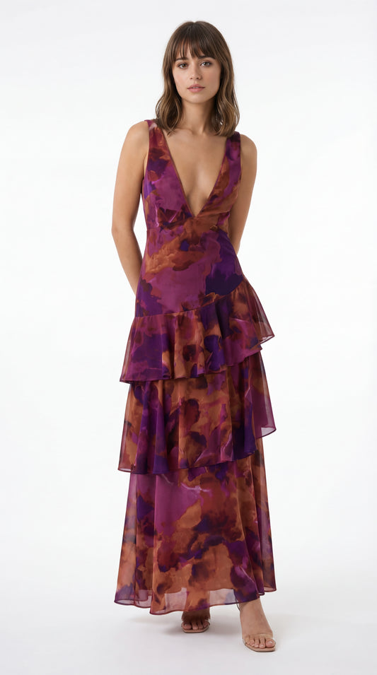 Vestido Sofía™ | Vestido Midi Estampado con Volantes y Escote Pronunciado